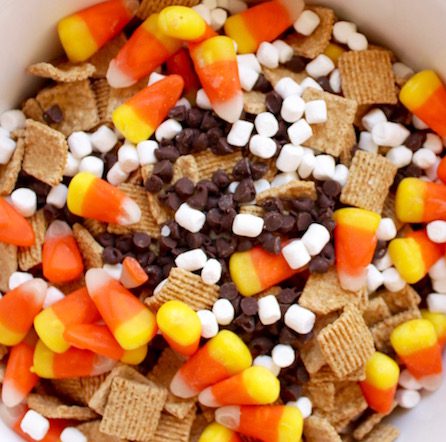 trail mix with chocolate chips, marshmallows, and candy corn