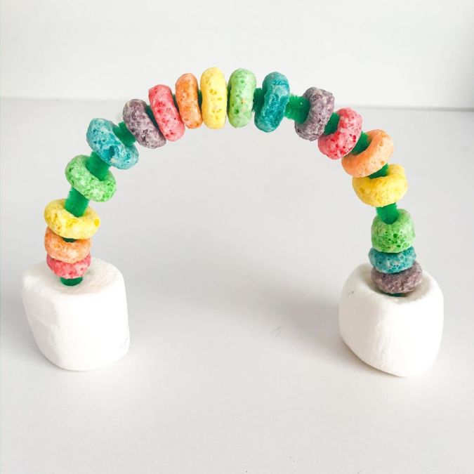 Froot Loops cereal rainbow with marshmallow clouds