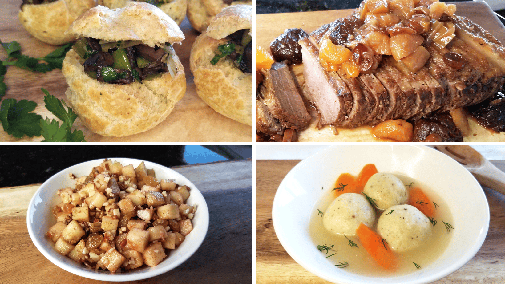 gougeres, fruited brisket, matzo ball soup, and haroset